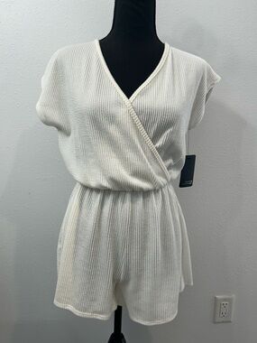 Caution To The Wind Cream Ribbed Wrap Romper